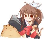  1girl ahoge animal blush bow bowtie brown_hair cat clenched_teeth doruji frown lennon little_busters!! lowres makiemon natsume_rin ponytail red_bow red_bowtie red_eyes simple_background teeth too_many too_many_cats upper_body white_background 
