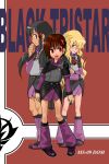  00s 3girls belt black_tri-stars blonde_hair blue_eyes boots brown_eyes brown_hair buttons dom full_body gundam gundam_seed gundam_seed_destiny hand_on_own_chin knee_boots long_hair long_sleeves mecha_musume mobile_suit_gundam multiple_girls profile purple_boots red_background short_hair shorts sidelocks simple_background standing text yuasa 