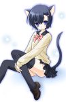  1girl animal_ears black_hair blue_eyes cat_ears cat_tail mika_mikan original school_uniform short_hair solo tail thigh-highs yoshika 