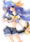  1girl arc_system_works bandanna belt blue_hair denim denim_shorts dizzy guilty_gear happy long_hair midriff ookami_ryousuke pirate ribbon sailor_collar shorts solo tail 