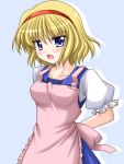  1girl adjusting_apron alice_margatroid angry apron blonde_hair blue_background blue_eyes blush bococho dress embarrassed female hairband open_mouth short_hair shy solo touhou 