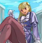  1girl :d b_suke blonde_hair capcom capcom_fighting_jam gloves hairpods ingrid legs legs_crossed long_hair open_mouth pantyhose red_eyes sitting sky smile solo white_gloves 