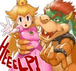  1boy 1girl alban blonde_hair blue_eyes bowser crown dress earrings elbow_gloves gloves hat jewelry kidnap long_hair maagori super_mario_bros. nintendo princess princess_peach scared smile super_mario_bros. 