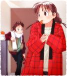  1boy 1girl braid cold food fruit home_room komiya_neko nagatsuki_misoka ookuma_yahiko orange scarf twin_braids 