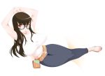  1girl arms_up belt breasts brown_eyes brown_hair curvy denim erect_nipples glasses hips huge_breasts jeans long_hair looking_at_viewer miito_shido mole pale_skin pants pen sandals shirt slender_waist solo taut_clothes taut_shirt thick_thighs thighs tight wide_hips 