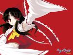  1girl ascot black_hair blush bow brown_eyes detached_sleeves female floating_hair hair_bow hair_tubes hakurei_reimu highres kabayaki_unagi long_hair long_sleeves looking_at_viewer red_background ribbon ribbon-trimmed_sleeves ribbon_trim simple_background smile solo touhou wallpaper wide_sleeves 