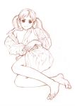  1girl bare_legs barefoot feet mankochan minazuki_juuzou monochrome off_shoulder original pink sketch solo toes twintails 