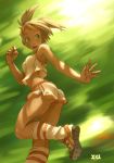  1girl armpits copyright_request footwear foreshortening green_eyes hands headband looking_back midriff motion_blur open_mouth running shoes short_twintails shorts sneakers socks solo tank_top twintails xavier_houssin 