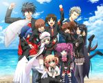  4boys 6+girls bow everyone hino_hikaru inohara_masato kamikita_komari kurugaya_yuiko little_busters!! miyazawa_kengo multiple_boys multiple_girls naoe_riki natsume_kyousuke natsume_rin nishizono_mio noumi_kudryavka ocean parasol pink_bow plaid plaid_skirt saigusa_haruka school_uniform serafuku skirt sky umbrella 