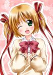  1girl blonde_hair bow bowtie green_eyes itsuki_sayaka kamikita_komari little_busters!! long_sleeves looking_at_viewer pink_bow red_bow red_bowtie short_twintails sleeves_past_wrists solo sweater twintails upper_body 