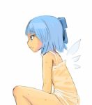  1girl blue_eyes blue_hair bow cirno clear_cross female hair_bow simple_background sitting solo sweat touhou upper_body wings 