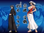 1024x768 2girls amputee bandage black_hair black_kimono bleach breasts character_name cleavage closed_mouth full_body hair_between_eyes hakama hand_on_hip japanese_clothes kagami_hirotaka kimono kuchiki_rukia large_breasts long_hair long_sleeves looking_back multiple_girls no_shoes shiba_kuukaku sleeveless smile standing tattoo wide_sleeves zoom_layer