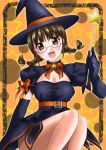  1girl :d akizuki_ritsuko belt blush braid breasts brown_eyes brown_hair cleavage dress elbow_gloves glasses gloves halloween hat idolmaster itsuki_sayaka knees_together looking_at_viewer neck_ribbon open_mouth ribbon short_hair smile solo star twin_braids wand witch witch_hat 