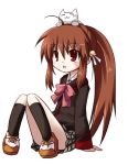  1girl black_legwear bow bowtie brown_hair cat dollar full_body grey_skirt kneehighs lennon little_busters!! long_sleeves miniskirt natsume_rin pigeon-toed pink_bow pink_bowtie plaid plaid_skirt pleated_skirt red_eyes simple_background sitting skirt solo white_background 