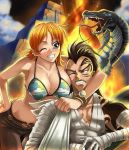  1boy 1girl arm_around_neck bandage bangle bare_shoulders belt bikini bikini_top blush bracelet breast_press breasts brown_eyes brown_hair cleavage denim dragon facial_tattoo fangs fire forked_tongue grin hand_on_hip jeans jewelry kagami_hirotaka large_breasts log_pose long_hair midriff mohawk monster nami_(one_piece) nola_(one_piece) one_eye_closed one_piece orange_hair pants short_hair short_twintails skypiea smile snake swimsuit tattoo teeth temple tongue twintails wink wiper 