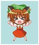  &gt;_&lt; 1girl animal_ears blush_stickers bococho brown_hair cat_ears chen chibi closed_eyes earrings fang female full_body hat jewelry lowres short_hair simple_background solo touhou 