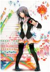  1girl black_hair heart jonathan_liang long_hair necktie shoes skirt smile solo stairs thigh-highs too toounit 