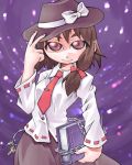  1girl book bow brown_eyes brown_hair chained chains female ghostly_field_club hat key keychain lowres necktie nyagakiya shirt skirt solo touhou usami_renko 