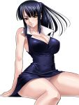  1girl arm_support bangs bare_legs bare_shoulders black_hair blush breasts cleavage collared_dress female kagami_hirotaka large_breasts legs long_hair looking_at_viewer nico_robin one_piece panties pantyshot pantyshot_(sitting) parted_lips ponytail short_dress sidelocks simple_background sitting sleeveless sleeveless_dress solo thighs underwear white_background yellow_eyes 