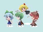  4girls animal_ears antennae aqua_background blonde_hair blue_eyes blue_hair bococho bow cape chibi cirno closed_eyes female green_hair hair_bow hair_ribbon hat multiple_girls music musical_note mystia_lorelei pink_hair quaver red_eyes ribbon rumia short_hair simple_background singing team_9 touhou wings wriggle_nightbug youkai 