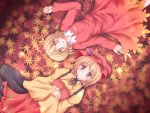  2girls aki_minoriko aki_shizuha autumn_leaves blonde_hair female food fruit grapes hair_ornament hat leaf leaf_hair_ornament leaf_on_head lzh multiple_girls object_on_head orange_eyes short_hair siblings sisters touhou yellow_eyes 