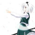  1girl bob_cut cherry_blossoms female hairband hitodama katana konpaku_youmu konpaku_youmu_(ghost) long_sleeves looking_away outstretched_hand parted_lips petals profile red_eyes rokuwata_tomoe sheath sheathed shirt silver_hair skirt skirt_set solo standing sword touhou weapon 