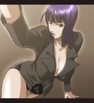  1girl bangs black_hair breasts brown_eyes cleavage collarbone cowboy_shot dutch_angle erect_nipples formal kagami_hirotaka large_breasts letterboxed long_hair looking_at_viewer miniskirt nico_robin one_piece open_mouth purple_hair shirt skirt solo suit 