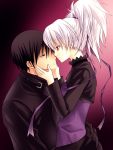  1boy 1girl belt buckle darker_than_black dress from_side gradient gradient_background hei hug incipient_kiss long_sleeves pink_eyes profile purple_dress short_hair silver_hair simple_background upper_body vanilla_(artist) vanilla_(nicolla) yin 