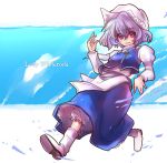  1girl bangs bloomers blue_skirt character_name eyebrows eyebrows_visible_through_hair female frilled_skirt frills full_body gloves hat inuinui lavender_hair letty_whiterock long_sleeves looking_at_viewer pink_eyes short_hair simple_background skirt solo touhou underwear vest walking white_gloves 