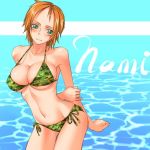  1girl bikini breasts camouflage character_name cleavage green_bikini mosha nami_(one_piece) one_piece short_hair solo swimsuit 