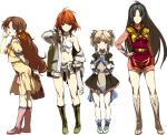  4girls banpresto blonde_hair boots brown_boots brown_hair dress fingerless_gloves glasses gloves green_boots green_eyes green_hair hair_ribbon hairband ibis_douglas irui_guneden jacket long_hair midriff multiple_girls pink_boots red_eyes redhead ribbon short_hair shorts sleigh_presty strapless super_robot_wars the_2nd_super_robot_wars_alpha tsugumi_takakura tubetop twintails yellow_eyes 