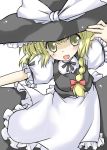  1girl :d apron bangs black_hat black_ribbon black_skirt black_vest blonde_hair bow braid fang female frilled_apron frilled_sleeves frills hair_bow hand_on_headwear hat hat_bow hat_ribbon kirisame_marisa long_hair looking_at_viewer neck_ribbon open_mouth outstretched_arm red_bow ribbon shirt short_sleeves simple_background skirt smile solo touhou waist_apron white_apron white_background white_bow white_ribbon white_shirt witch_hat yuugiri yuugiri_(artist) 