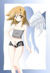  1girl angel angel_wings bad_anatomy brown_eyes brown_hair halo open_clothes open_shorts shorts solo strapless tubetop utamaro wings 