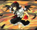  1girl black_feathers black_hair black_wings cowboy_shot fan female flying frilled_skirt frills grin hat kimuchi letterboxed looking_at_viewer pom_pom_(clothes) puffy_short_sleeves puffy_sleeves shameimaru_aya short_hair short_sleeves skirt smile solo tengu tetsu_(kimuchi) tokin_hat touhou wings 