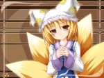  1girl animal_ears blonde_hair female fox fox_ears fox_tail hat highres interlocked_fingers kazami_karasu long_sleeves multiple_tails pillow_hat shikigami short_hair smile solo tabard tail touhou wallpaper wide_sleeves yakumo_ran yellow_eyes 