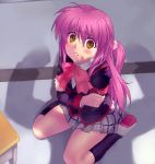  1girl armband bow futaki_kanata half_updo kneehighs little_busters!! long_hair oekaki pink_bow pink_hair plaid plaid_skirt scared shadow sitting skirt solo wariza yellow_eyes you_gonna_get_raped zen 