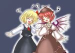  2girls animal_ears blonde_hair blush bococho closed_eyes female fingernails green_nails hair_ribbon hat long_fingernails multiple_girls music musical_note mystia_lorelei nail_polish necktie outstretched_arms quaver redhead ribbon rumia short_hair simple_background singing smile spread_arms touhou wings youkai 
