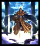  1girl backlighting cape crusader dress full_body glowing grand_cross light long_sleeves looking_at_viewer night night_sky orange_dress pillar ragnarok_online sky solo standing star_(sky) starry_sky 