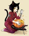  animal_ears black_hair cat_ears cat_tail footwear gloves halloween hands jumpsuit karakuri_chouchou koaki pumpkin screwdriver short_hair sleeves_pushed_up slit_pupils socks tail yellow_eyes 