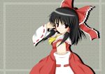  1girl ascot black_hair bow brown_eyes collar cowboy_shot detached_sleeves female grey_background hair_bow hair_tubes hakurei_reimu imperishable_night koroogi long_sleeves looking_at_viewer red_bow short_hair simple_background solo touhou wide_sleeves 