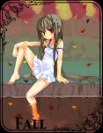  1girl autumn autumn_leaves bare_shoulders barefoot brown_hair collarbone dress knee_up long_hair off_shoulder original pond red_eyes shore sidelocks sitting sleeveless sleeveless_dress soaking_feet solo sundress water white_dress 