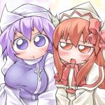  2girls :t blue_dress bow bowtie breasts capelet dress female frills hair_bow hat large_breasts letty_whiterock lily_white long_sleeves looking_at_viewer lowres mob_cap multiple_girls nyagakiya pout purple_hair red_bow red_bowtie short_hair simple_background tate_eboshi touhou violet_eyes white_background white_dress 