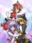  3girls blonde_hair brown_hair female hat instrument inuinui keyboard keyboard_(instrument) lunasa_prismriver lyrica_prismriver merlin_prismriver multiple_girls purple_hair short_hair siblings sisters touhou trumpet violin 