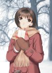  1girl gift holding holding_gift mittens scarf snow solo tanaka_takayuki winter 