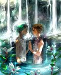  2girls brown_hair closed_eyes flower green_hair hand_holding icelog multiple_girls original pond see-through wading water waterfall wet 