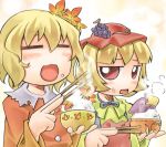  2girls aki_minoriko aki_shizuha blonde_hair closed_eyes female food food_on_face food_themed_clothes fruit grapes hair_ornament hat leaf leaf_hair_ornament leaf_on_head lowres multiple_girls nyagakiya red_eyes rice rice_on_face short_hair siblings sisters sweet_potato touhou 
