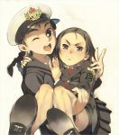  2girls annoyed braid brown_eyes brown_hair carrying coat embarrassed hat holding hug military military_uniform miltary multiple_girls one_eye_closed overcoat peaked_cap ponytail princess_carry short_hair skirt twin_braids uniform wink yahagi_yuhichi 