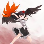  1girl :o black_hair black_wings bobby_socks breasts expressionless female fingers frills hat kazuoki looking_at_viewer outstretched_arm pose red_eyes ribbon shameimaru_aya skirt small_breasts socks solo standing standing_on_one_leg tengu tokin_hat touhou wings 