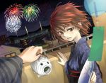  1girl aerial_fireworks blurry brown_eyes brown_hair depth_of_field fan fireworks gou_(double_trigger) japanese_clothes katori_buta kimono night night_sky original paper_fan pov short_hair sky solo_focus uchiwa wind_chime yukata 