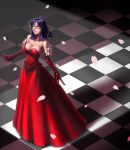  1girl bare_shoulders blush breasts checkered checkered_background checkered_floor choker cleavage closed_eyes dress elbow_gloves female full_body gloves gown kagami_hirotaka large_breasts medium_hair nico_robin one_piece parted_lips petals purple_hair red_dress red_gloves shade solo standing strapless strapless_dress 